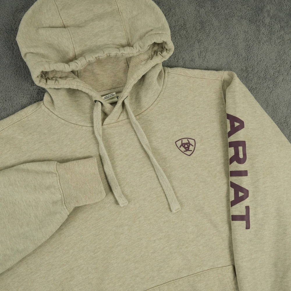 Ariat Logo Hoodie Womens M Beige Oatmeal Sleeve Graphic Pullover Cozy Fleece